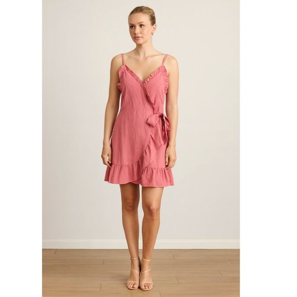 Rebecca Taylor Linen Ruffle Wrap Mini Dress 8 Pink NEW - Picture 1 of 7